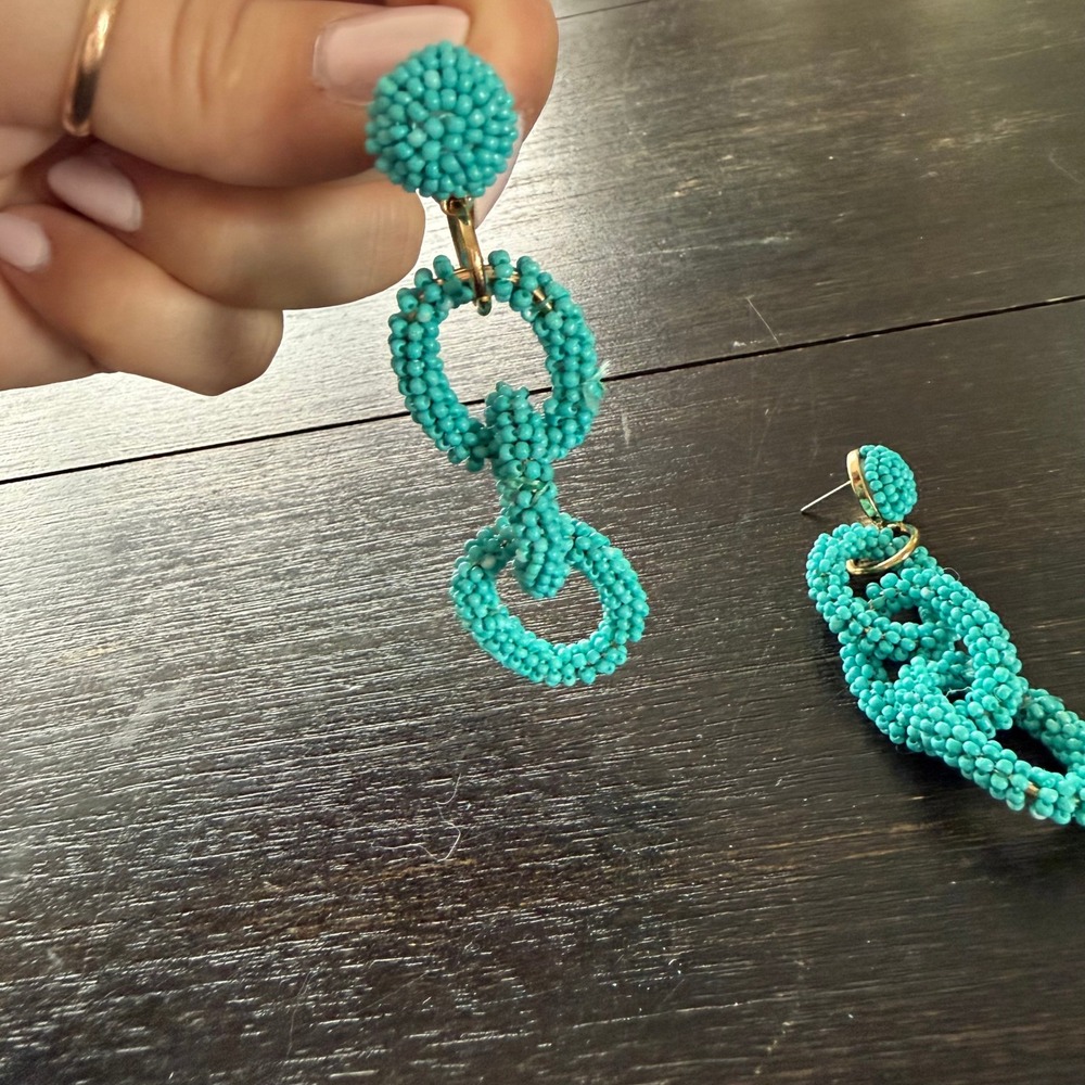 Turquoise Seed Bead Interlocking Chain Link Statement Drop Earrings Blue Boho - Picture 2 of 4
